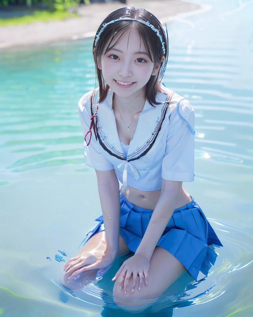 (NFSW)、(High resolution:1.5)、Highest quality,Very detailed,masterpiece,Super detailed,alone,(One 12 year old girl),((Summer School Uniforms:1.5)), Seraphim, ((skirt:1.5)),  smile, Thigh fetish images: 1.5、(((barefoot)))、(Her thighs and white bikini reflected in the clear blue water)、(reflected in water:1.5)、((I can see the white string panties:1.5))、(Cleavage)、((Clear blue seawater))、Summer sun、はしゃいだsmile、Beautiful Eyes、(pull-out-panties)、(Panties on knees)、Big necklace and tiara、The water is marine blue、(((Glossy thighs)))