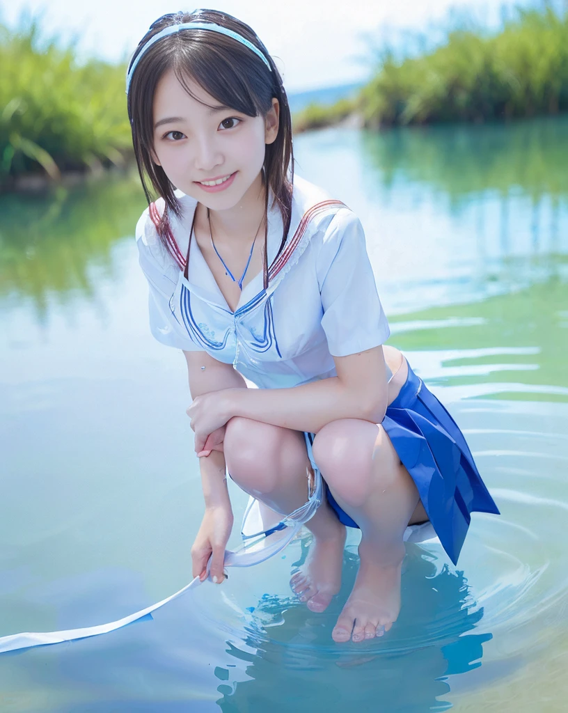 (NFSW)、(High resolution:1.5)、Highest quality,Very detailed,masterpiece,Super detailed,alone,(One 12 year old girl),((Summer School Uniforms:1.5)), Seraphim, ((skirt:1.5)), smile, Thigh fetish images: 1.5、(((barefoot)))、(Her thighs and white bikini reflected in the clear blue water)、(reflected in water:1.5)、((I can see the white string panties:1.5))、(Cleavage)、((Clear blue seawater))、Summer sun、はしゃいだsmile、Beautiful Eyes、(pull-out-panties)、(Panties on knees)、Big necklace and tiara、The water is marine blue、(((Glossy thighs)))