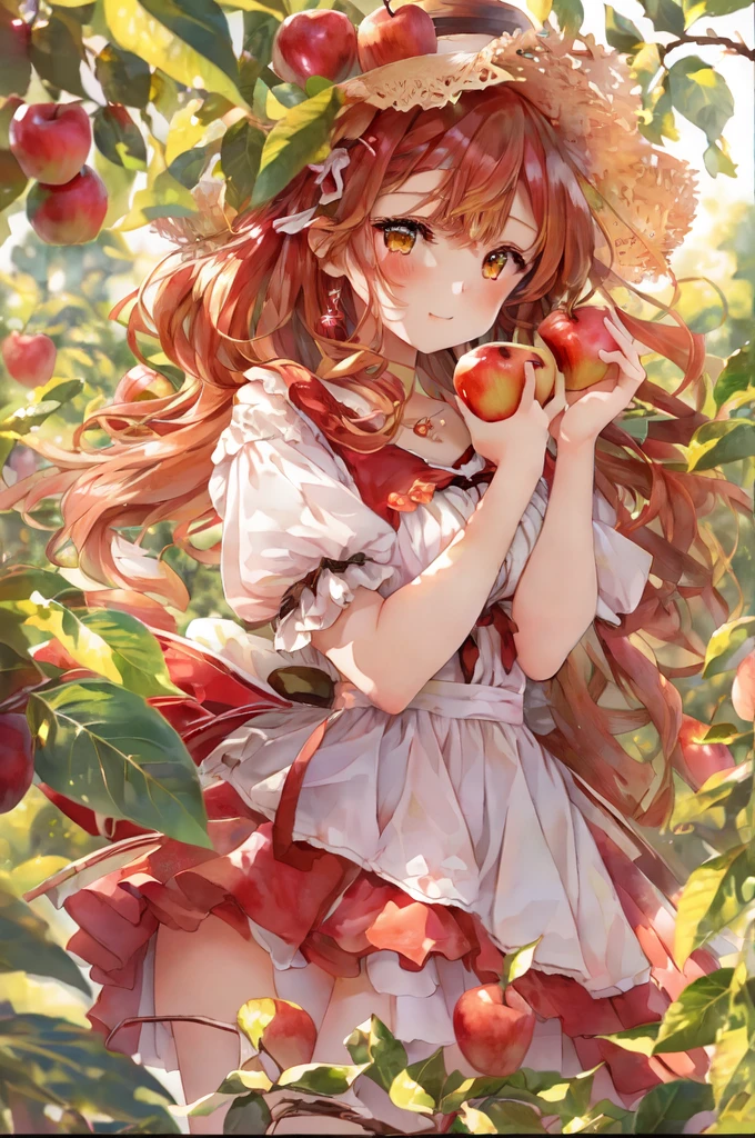 anime girl in a straw hat holding an apple in a tree, standing in an apple orchard, with apple, beautiful anime girl, official art, anime visual of a cute girl, beautiful anime art style, cute anime girl, made with anime painter studio, high quality anime artstyle, beautiful anime art, 🍁 cute, official artwork, beautiful anime artwork