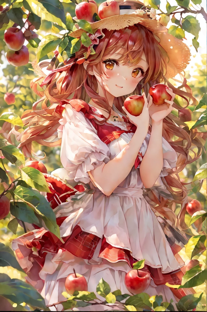 anime girl in a straw hat holding an apple in a tree, standing in an apple orchard, with apple, beautiful anime girl, official art, anime visual of a cute girl, beautiful anime art style, cute anime girl, made with anime painter studio, high quality anime artstyle, beautiful anime art, 🍁 cute, official artwork, beautiful anime artwork