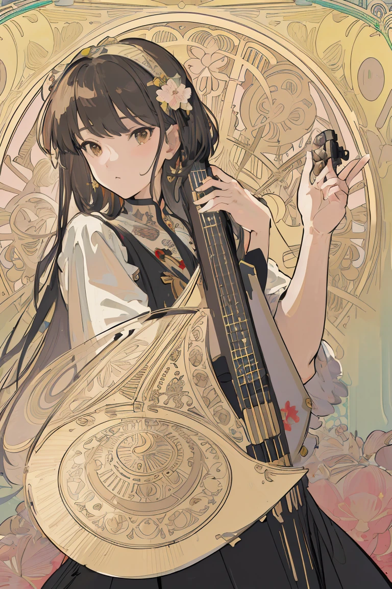 portrait of a electric guitar,Gibson,Cute girl,floral frame, Decorative panels, abstract artistic, by Alphonse Mucha (Masterpiece, Best Quality, Highres:1.4), Detailed, Intricate Details, 4K, color splashes, line art, fibonacci,