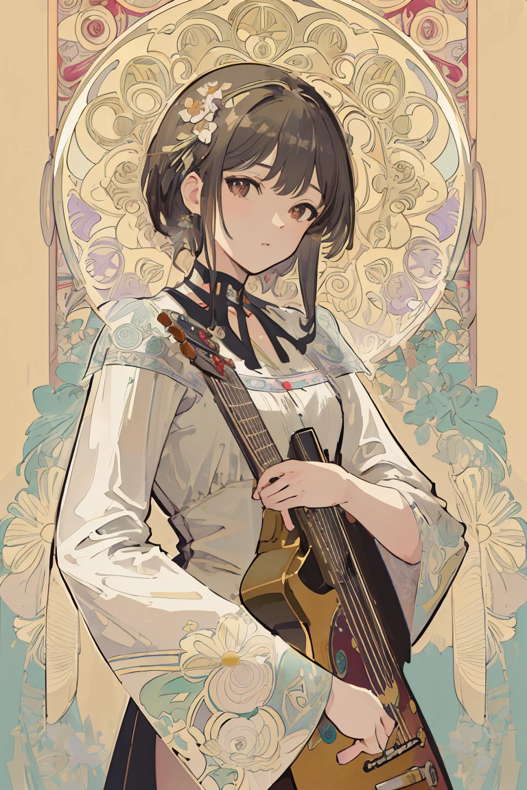 portrait of a electric guitar,Gibson,Cute girl,floral frame, Decorative panels, abstract artistic, by Alphonse Mucha (Masterpiece, Best Quality, Highres:1.4), Detailed, Intricate Details, 4K, color splashes, line art, fibonacci,