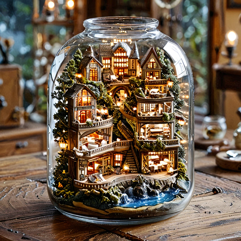 (masterpiece, Top quality, best quality),(Extremely detailed, Absolute resolution),((16K, high resolution)), 

rest {There is a hotel in the glass, Hotel windows, The spiral road surrounds the hotel，There are various buildings on the road， The glass should be transparent，and placed on a matching saucer, Hold it with your hand to show the proportions. Make sure the lighting is soft and natural，to highlight the details of the miniature furniture and the transparency of the glass. The overall atmosphere should be delicate and complex, Capturing the charm of small things, A carefully crafted space in a glass}

rest { (Generates images containing over 40 million pixels of information，Textures with Sony DSLR-like details).}
Background is island scenery