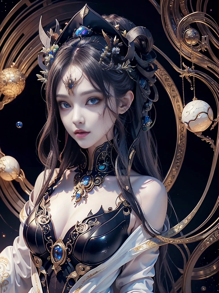 (((Portrait of Figures)))、(Highest quality,Very detailed,Best Best Illustration,Best Shadow,masterpiece,High resolution,Professional artwork,Famous works of art),(Delicate eyes,Beautiful Eyes),(Depiction of cleavage),sf,Colored sclera,(((Dark and Beautiful Eyes,Iris)))、Facial Pattern,tattoo,(fractal,fractal eyes),Big eyes,Big eyes,Eye focus,((Facial details)),Cosmic Eye,Metal sculpture depiction of woman with moon in hair,welcome。Extremely high detail,welcomes portrait,Highly detailed footage of the welcomes,a stunning portrait of a welcomes,Side image of the welcomes,portrait of a beautiful welcomes,(Full body close-up of welcomes),goddess hecate,portrait of a norse moon welcomes,welcomes of space and time、((masterpiece、Highest quality、Ultra Clear、High resolution))、4K quality、(Extraordinary beauty)、