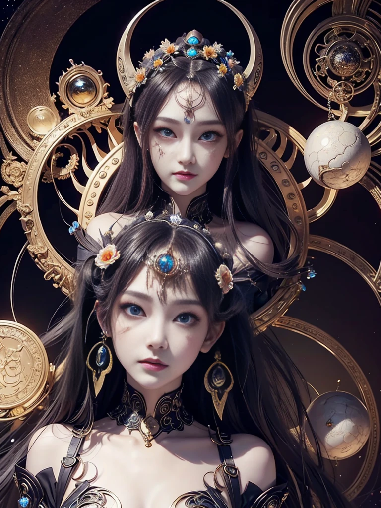 (((Portrait of Figures)))、（Highest quality，Very detailed，Best Best Illustration，Best Shadow，masterpiece，High resolution，Professional artwork，Famous works of art），(Delicate eyes，Beautiful Eyes)，(Depiction of cleavage)，sf，Colored sclera，(((Dark and Beautiful Eyes，Iris)))、Facial Pattern，tattoo，（fractal，fractal eyes），Big eyes，Big eyes，Eye focus，((Facial details))，Cosmic Eye，Metal sculpture depiction of woman with moon in hair，welcome。Extremely high detail，welcomes portrait，Highly detailed footage of the welcomes，a stunning portrait of a welcomes，Side image of the welcomes，portrait of a beautiful welcomes，(Full body close-up of welcomes)，goddess hecate，portrait of a norse moon welcomes，welcomes of space and time、((​masterpiece、Highest quality、Ultra Clear、High resolution))、4K quality、(Extraordinary beauty)、