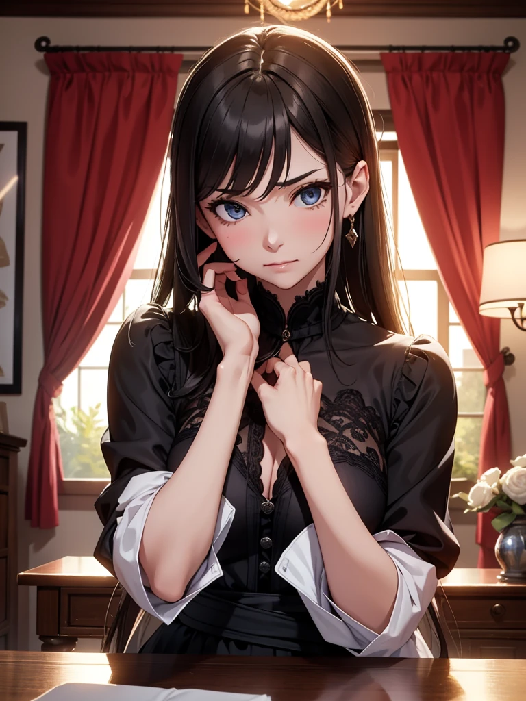 (masterpiece、top-quality、hight resolution、Unity 8k Wallpaper、extremely details CG:1), A sexless married woman, dressed in high quality, modest clothing, is being pressed by a young man, who, while on the surface refusing, is intensely effeminate and blushing strongly. She can't take her eyes off the man, and her face is a mixture of surprise, embarrassment, and craving for amorous intercourse. No," she says, "I can't! I have that man..." but in her mind she says, "Oh, what a tough penis, I want it, I want it inside me!" I think. The setting is a cozy private room, capturing the moment of the woman's face, hungry for amorous intercourse. nsfw