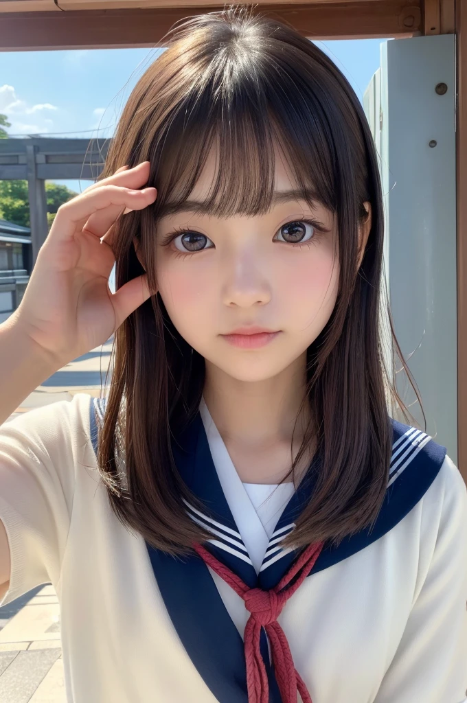 (1 Girl )、(Beautiful Japanese、18years old,round face、Refreshing、clear、seems kind、stylish、Pitiful、cute like an angel、cute、black eyes、(Single eyelid:1.3)、Beautiful skin), {(Japan human face:1.4),(General facial features)} , (((Beautiful breasts:0.4))),(((soft breasts))),(very cute),(short hair),(enchanting eyes),(highlight on eyes:1.2)、(8K、Live shooting、highest quality、masterpiece:1.2、optimal lighting)、((masterpiece)),(Photo taken by a professional photographer),(real、photo real:1.4),BREAK,{(cute Japanese high school sailor uniform),((traditional Sailor Suit:1.0))},(cheeks are red:1.3), BREAK, BREAK,Face shot:1.3、 face close-up,Looking at viewer,lonly face:1.4、Japan,morning、Summer、from above、Japanese high school classroom,(((1970s vibe)))、Hands clasped behind back