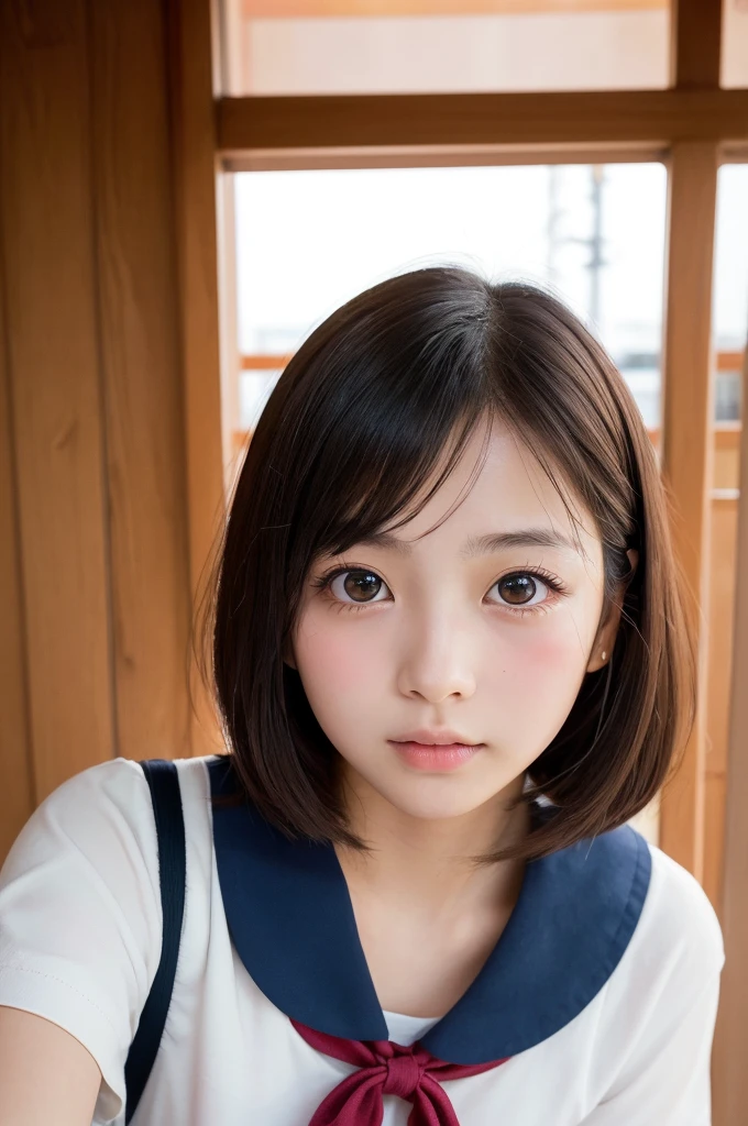 (1 Girl )、(Beautiful Japanese、18years old,round face、Refreshing、clear、seems kind、stylish、Pitiful、cute like an angel、cute、black eyes、(Single eyelid:1.3)、Beautiful skin), {(Japan human face:1.4),(General facial features)} , (((Beautiful breasts:0.4))),(((soft breasts))),(very cute),(short hair),(enchanting eyes),(highlight on eyes:1.2)、(8K、Live shooting、highest quality、masterpiece:1.2、optimal lighting)、((masterpiece)),(Photo taken by a professional photographer),(real、photo real:1.4),BREAK,{(cute Japanese high school sailor uniform),((traditional Sailor Suit:1.0))},(cheeks are red:1.3), BREAK, BREAK,Face shot:1.3、 face close-up,Looking at viewer,lonly face:1.4、Japan,morning、Summer、from above、Japanese high school classroom,(((1970s vibe)))、Hands clasped behind back