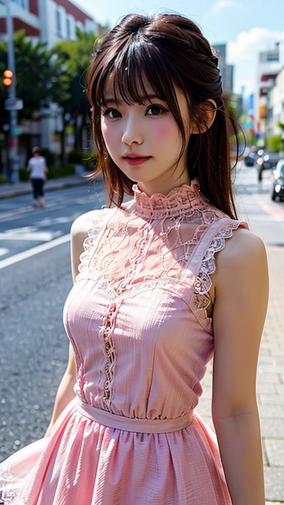 a woman posing on the street corner with pink dress on, best quality, high res, 8k, 1girl, (huge breasts), day, bright, outdoor, (street:0.8), (people, crowds:1), (lace-trimmed dress:1.5, pink clothes:1.5, pink high-neck dress:1.5, sleeveless dress, pink dress: 1.5), gorgeous, (medium hair), beautiful detailed sky, beautiful earrings, (dynamic pose:0.8), (upper body:1.2), soft lighting, wind, shiny skin, looking at viewer,