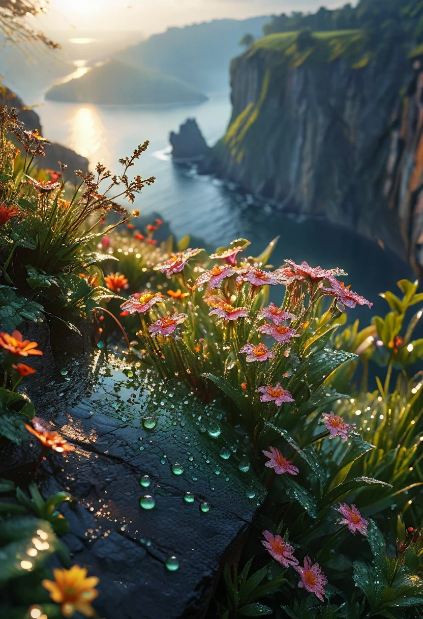 a beautiful detailed morning landscape, intricate details, realistic, dramatic lighting, first rays of dawn sunlight, dew drops on flowers on the edge of a cliff, natural lighting, cinematic, photorealistic, high resolution wallpaper