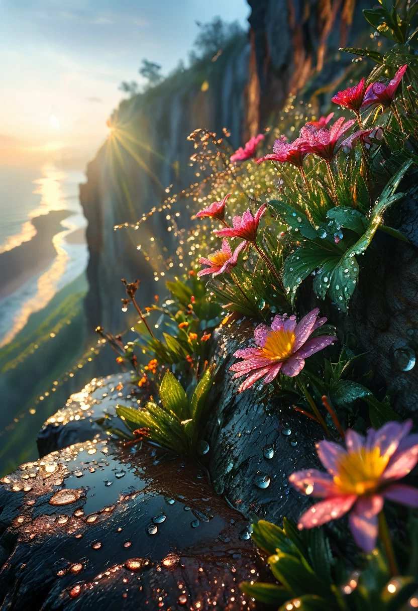 a beautiful detailed morning landscape, intricate details, realistic, dramatic lighting, first rays of dawn sunlight, dew drops on flowers on the edge of a cliff, natural lighting, cinematic, photorealistic, high resolution wallpaper