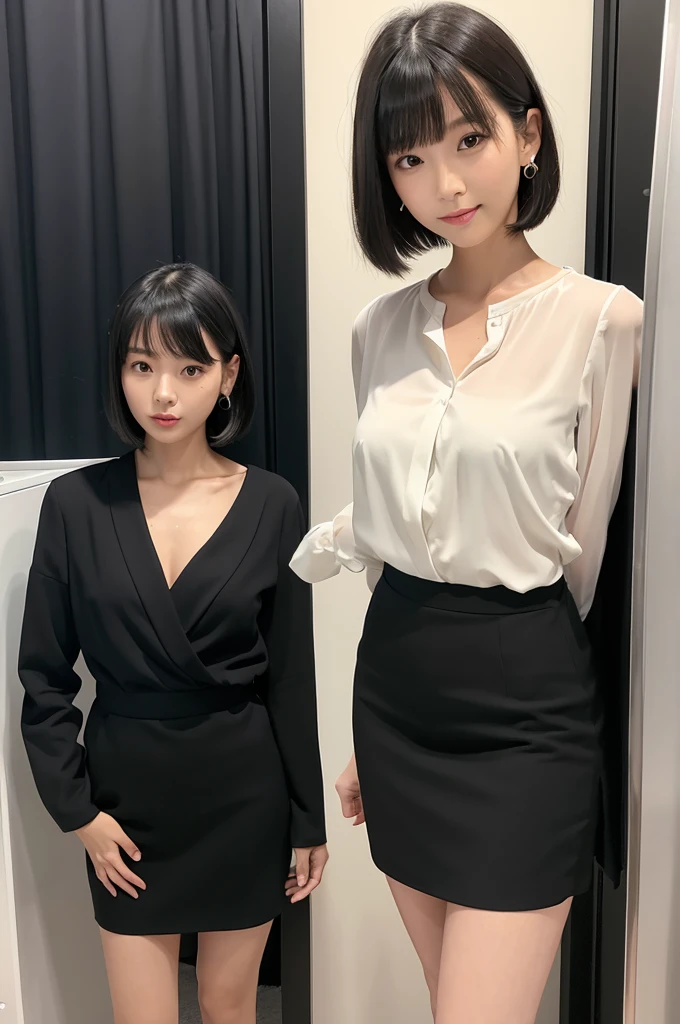 Suit, backstage at studio, talent agency manager,((full body)),((photo)),((best qualtiy, 8K, tmasterpiece:1.3)), Focus:1.2, perfect figure beautiful girl:1.4,1girl,cowboy shot,look at viewer,incredibly absurd, beautiful and cute girl with a photorealistic face, showcasing top-quality craftsmanship, Japanese woman standing in the dressing room for a commercial shoot, 20 years old, shoulder-length bob cut, thick, straight black hair with bangs, shiny black hair, large eyes, round face, long eyelashes, soft smile, thin eyebrows, small nose, glossy lips, smooth skin, fair skin, fine-grained skin, tall, slender figure, well-balanced proportions, delicate limbs, small B-cup breasts, white blouse, black tight skirt, heeled pumps, watch, earrings, pretty older woman, beautiful, neat, fashionable, cheerful, positive, curious, sociable, responsible, highly trusted by those around her, October