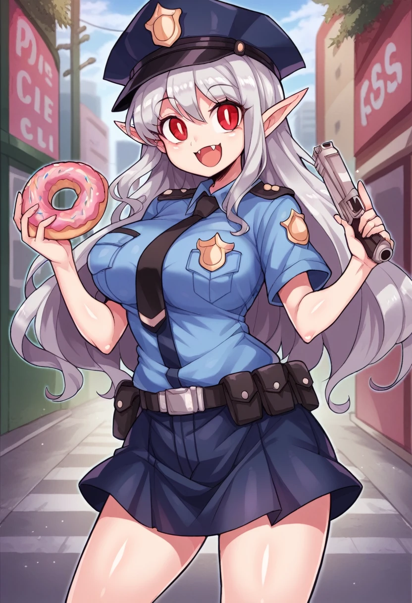 ((Perfect human body)),One girl, Red eyes, Wavy silver hair, Pointed Ears, vampire, Drooping eyes,Police uniform,Happy expression,Police hat,skirt,Mobile Task Force Heavy Equipment,Big Breasts,Hair Flowers,Urban area,whole body,Character portrait,skirt周りを見渡す,Donuts in hands,Handgun,meal