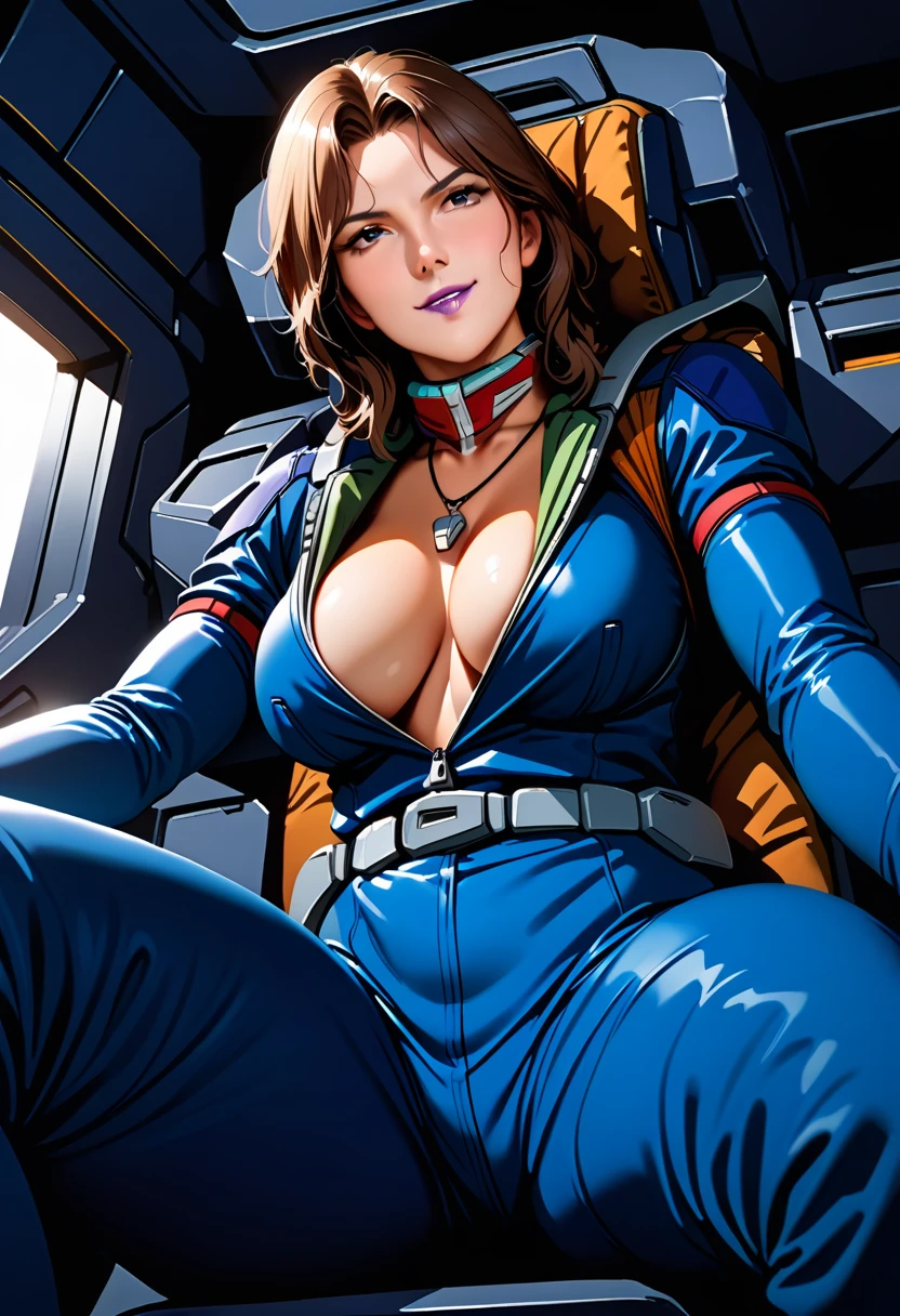 rezin schnyder,mature female,perfect hands, perfect finger,perfect anatomy, masterpiece, best quality,realistic, hyperrealistic, 16k hdr, eff pilot,(blue flight suit:1.2),gundamwingcockpit,large breasts,from below,sitting,spread legs,brown short hair,open zipper,navel,,no bra,cleavage,necklace,sweat,smile,purple lip
