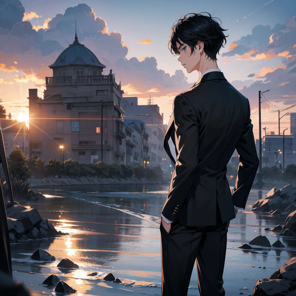 Anime style, 1boy, short black hair, light blue eyes, wearing all black suits, street, sunset, high res, ultrasharp, 8k, masterpiece, looking at viewer from behind