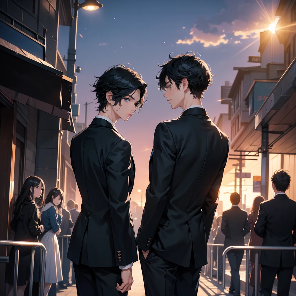 Anime style, 1boy, short black hair, light blue eyes, wearing all black suits, street, sunset, high res, ultrasharp, 8k, masterpiece, looking at viewer from behind