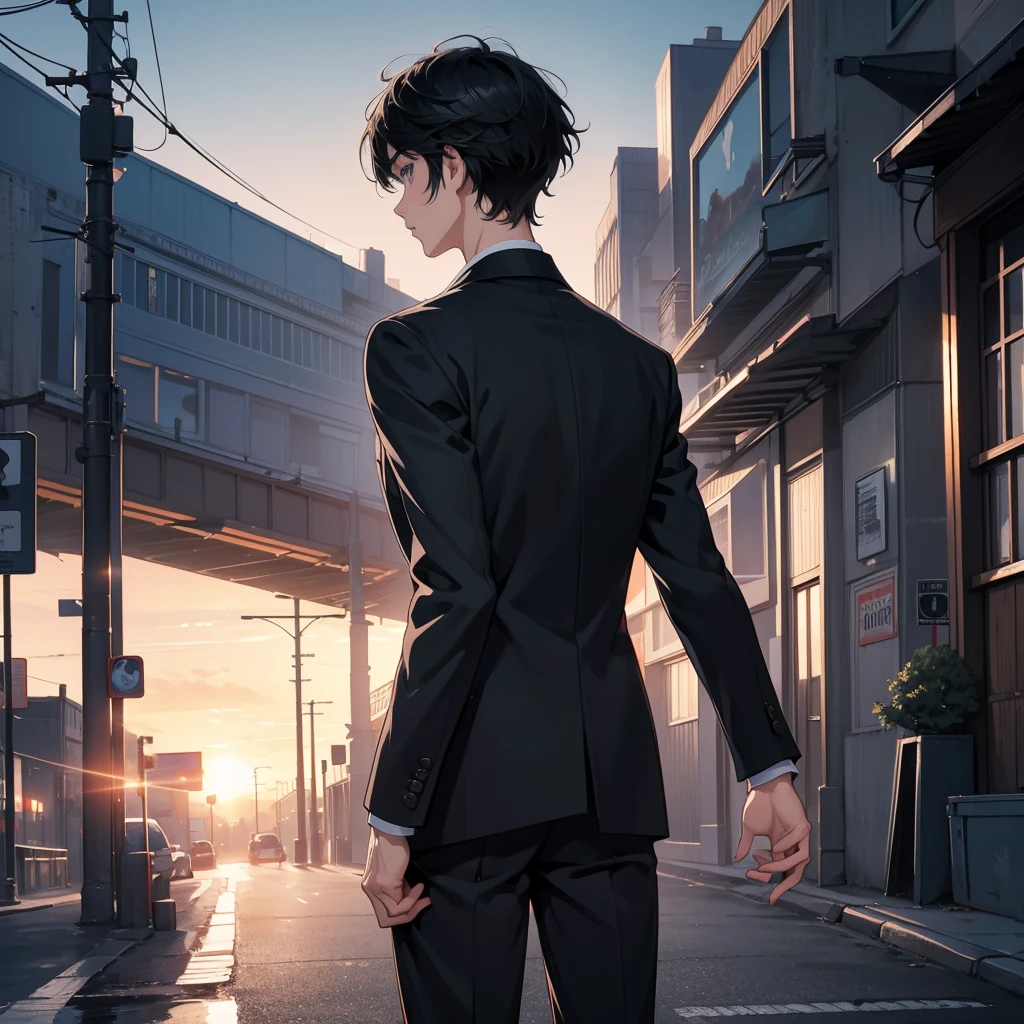Anime style, 1boy, short black hair, light blue eyes, wearing all black suits, street, sunset, high res, ultrasharp, 8k, masterpiece, looking at viewer from behind