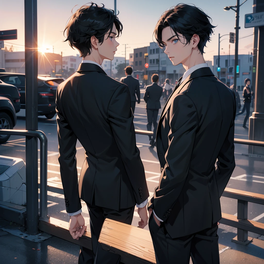 Anime style, 1boy, short black hair, light blue eyes, wearing all black suits, street, sunset, high res, ultrasharp, 8k, masterpiece, looking at viewer from behind
