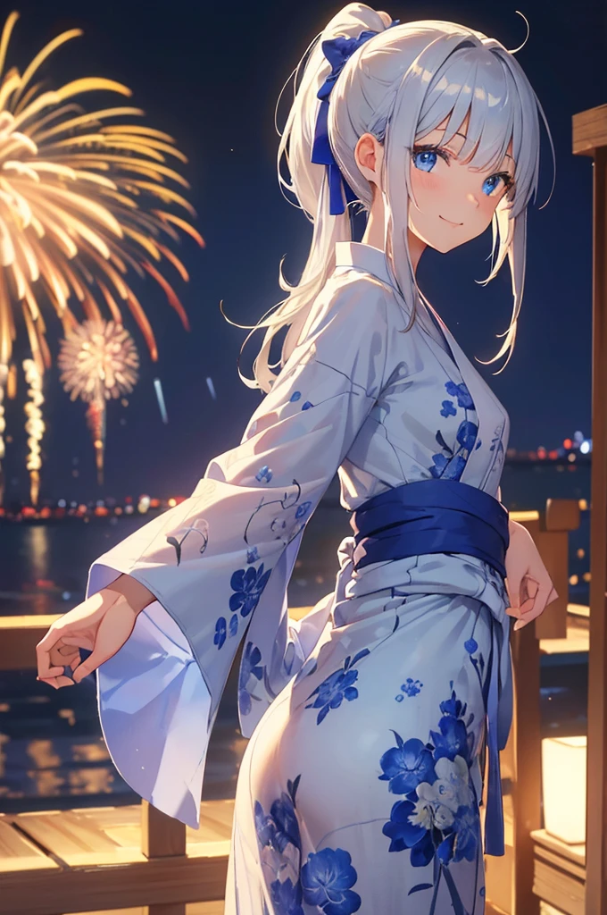 art:Cornflower,(masterpiece),(Highest quality:1.2),((Perfect Anatomy)),((Put your arms behind your back)),(1 Girl),(Small breasts),Highest quality,Silver ponytail,Blunt bangs,(From the side),(Glancing sideways),Beautiful and exquisite blue eyes,blue yukata fashion,I saw the fireworks,Lots of fireworks,Dreamy and happy atmosphere,It was a shame,Pastel Tones,Dramatic lighting,Captivating smile