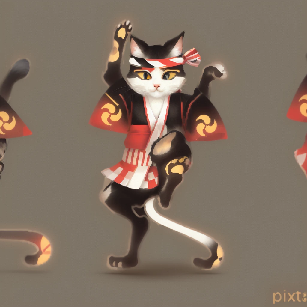 3 cute cats dancing, cats wearing Japanese Happi, cute illustration, high quality, masterpiece 