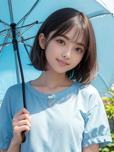 a lot of details, (underweight), 30 years old, detailed black hair, beautiful detailed hair, super fucking beautiful, delicate beautiful face, complex details beautiful and delicate eyes, perfect hands, (flat chest best quality:1.5), perfect and delicate limbs, detailed skin, best quality, ultra-detailed,(cheerful grin:1.3),
girl hold an umbrella, beautiful detailed, feet out of frame, on side, focus on face, short wavy hair, puffy short sleeves, aqua Clothes, beautiful detailed background, Rainbow in the sky, glisten,
