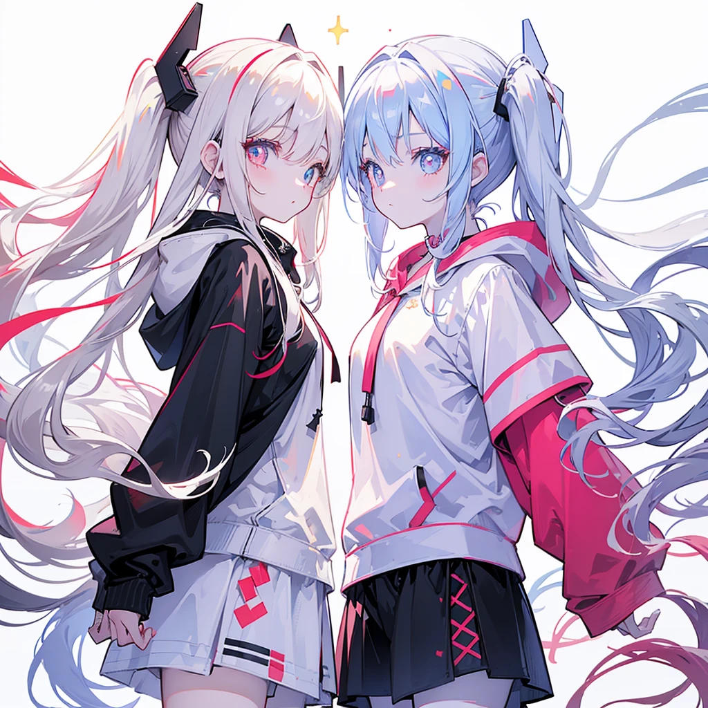 Two girls,
the first one has red eyes and beige hair in twin tails,
the second one has blue eyes and white hair in side tails,
they are both wearing sporty hoodies and shorts in monochrome, colorful on white background, glowing, stars, light, ephemeral,, mirrornun