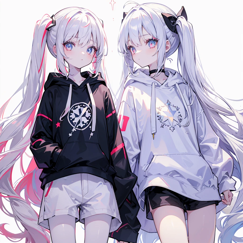 Two girls,
the first one has red eyes and beige hair in twin tails,
the second one has blue eyes and white hair in side tails,
they are both wearing sporty hoodies and shorts in monochrome, colorful on white background, glowing, stars, light, ephemeral,, mirrornun