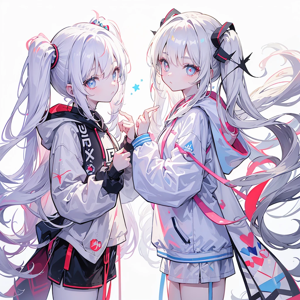Two girls,
the first one has red eyes and beige hair in twin tails,
the second one has blue eyes and white hair in side tails,
they are both wearing sporty hoodies and shorts in monochrome, colorful on white background, glowing, stars, light, ephemeral,, mirrornun