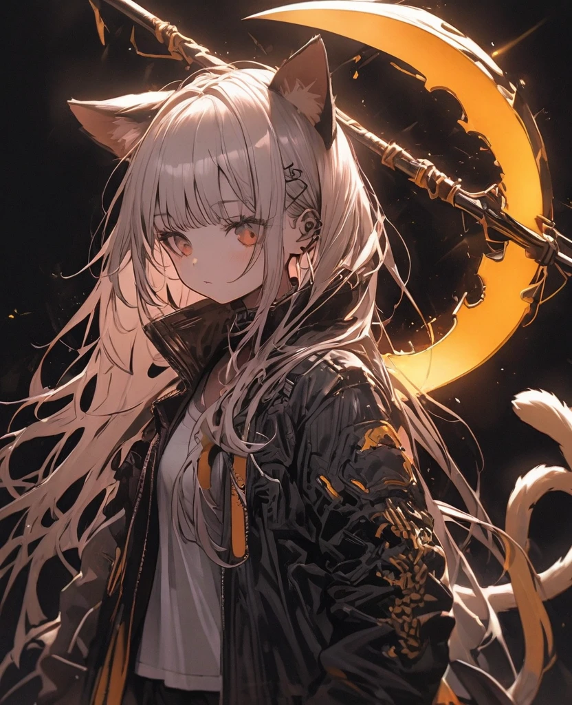 Detailed silhouette of a cyberpunk girl with cat ears and a tail, Flowing, Tattered coat, He carries a giant golden scythe with a mechanical cheetah design on it., Stand on the glossy, Minimalist reflective surface, Black background, sense of depth,