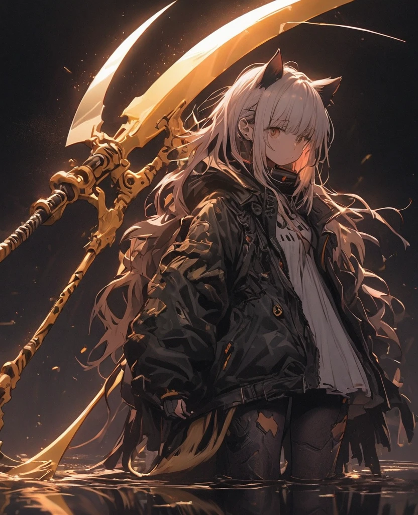 Detailed silhouette of a cyberpunk girl with cat ears and a tail, Flowing, Tattered coat, He carries a giant golden scythe with a mechanical cheetah design on it., Stand on the glossy, Minimalist reflective surface, Black background, sense of depth,