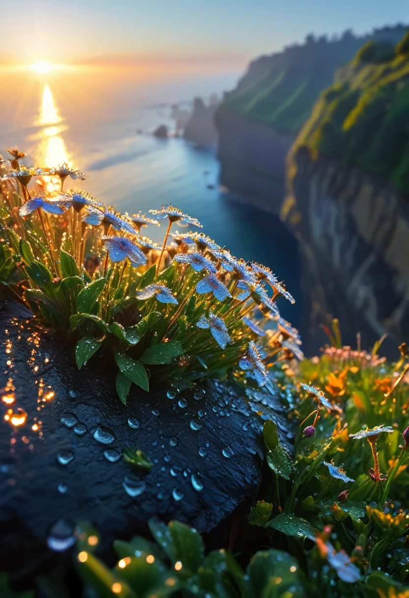 Intricate details, detailed, realism,The first rays of sunlight in the morning,Dew drops on flowers on the cliff,(sunrise,Halo),Beautiful picture,HD Wallpapers,Natural light, dramatic, Source reality,