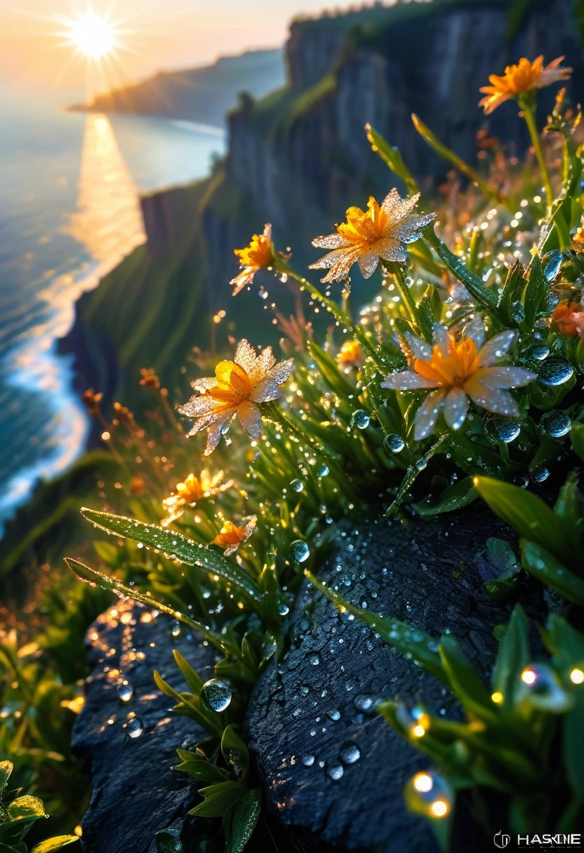 Intricate details, detailed, realism,The first rays of sunlight in the morning,Dew drops on flowers on the cliff,(sunrise,Halo),Beautiful picture,HD Wallpapers,Natural light, dramatic, Source reality,