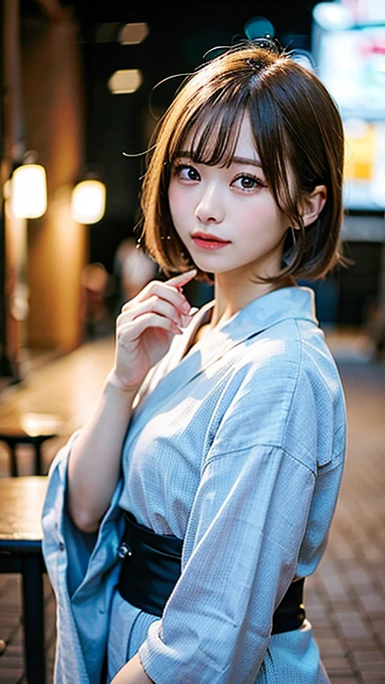 (8K, RAW Photos:1.2), Detailed face and eyes,最high quality, Ultra-high resolution, Very detailed ,Intricate details ,Tabletop ,pretty girl , Soft cinematic light, Hyper Detail,Sharp focus, high quality, Blonde, Bobcut, yukata, outside, Browsing Caution, Tying up hair