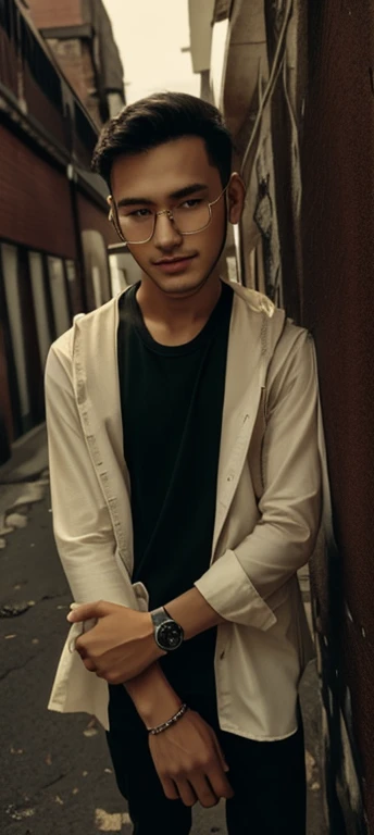 1 boy in, age19, Solo, Long hair, Colossal , Looking at Viewer, black hair, Bare shoulders, red goggles, jewely, Full body, a necklace, off shoulders, Sweaters, Realistic, white t shirt