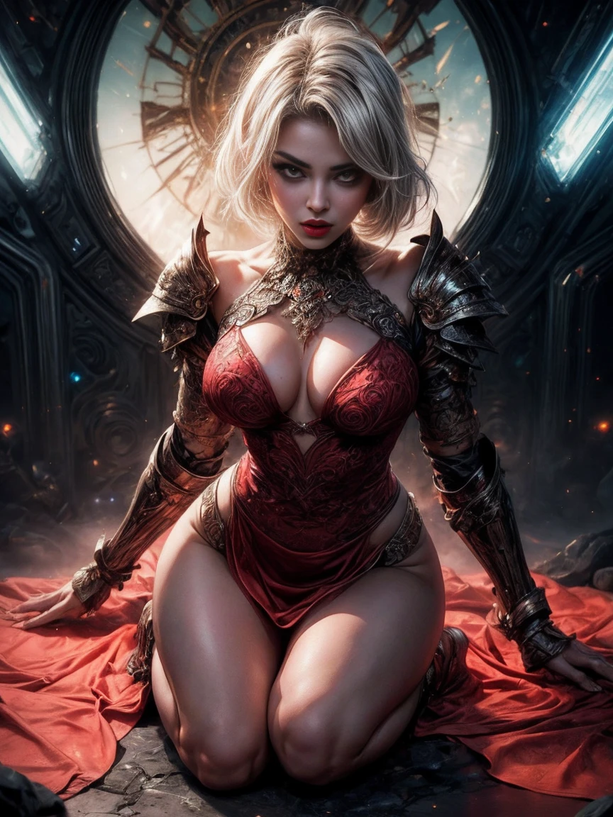 cinematic light, A sexy woman in armor, legendary warrior , A beautiful babe, sex pose, erotic design , erotic face, erotic pose, pore white hair, small , big eyes, sexy eyes, body covered with tattoo, red lips, sexy lips, sexy face, pink dress , erotic, erotic pose, FULL BODY, glowing light , glowing eyes ,cosmic, divine,