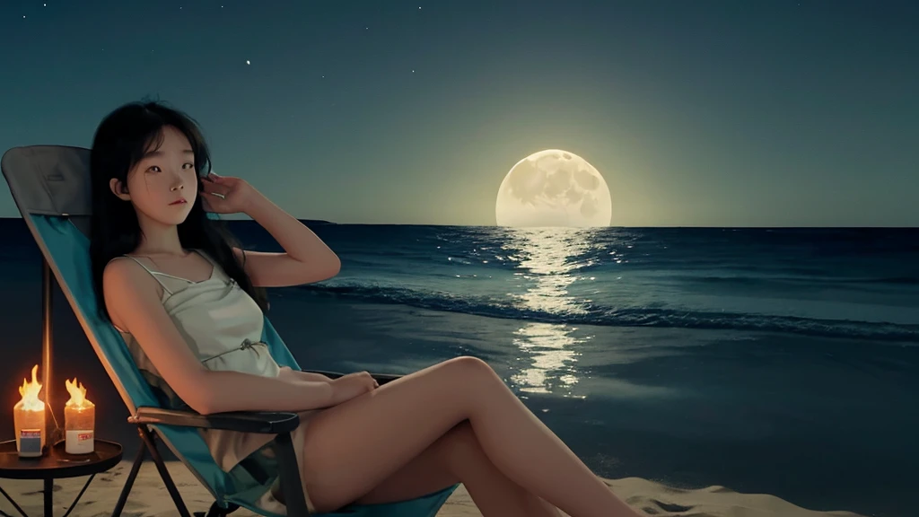 Lo-fi music anime illustration of a girl sitting on the beach at night watching a bonfire。The moon is reflected on the surface of the sea、It creates a calm and quiet atmosphere。The girl is relaxing in a camping chair、A gentle breeze makes me feel like time is passing slowly as my hair flutters.。The only light is from the moon and the bonfire