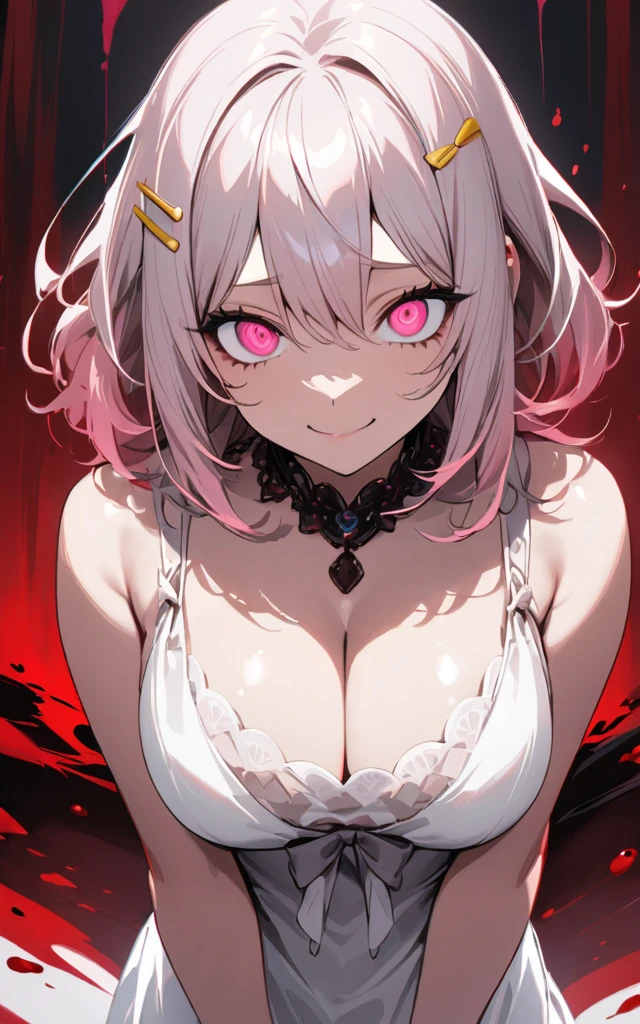 (masterpiece)、(absurdres)、(ultra detailed),Crazy Eyes、despair、Dark Side、closed mouth,Blood droplets、darkness,Blood pool space、Blood dripping background:1.3、solo lady、 Cream colored hair、shortcut hair、shiny pink eyes、big breast:0.8、(wizard white dress)、BREAK、(yellow hairpin)、BREAK、smile,Eyes Wide Open、open eyes,open mouth,from front,upper body shot,