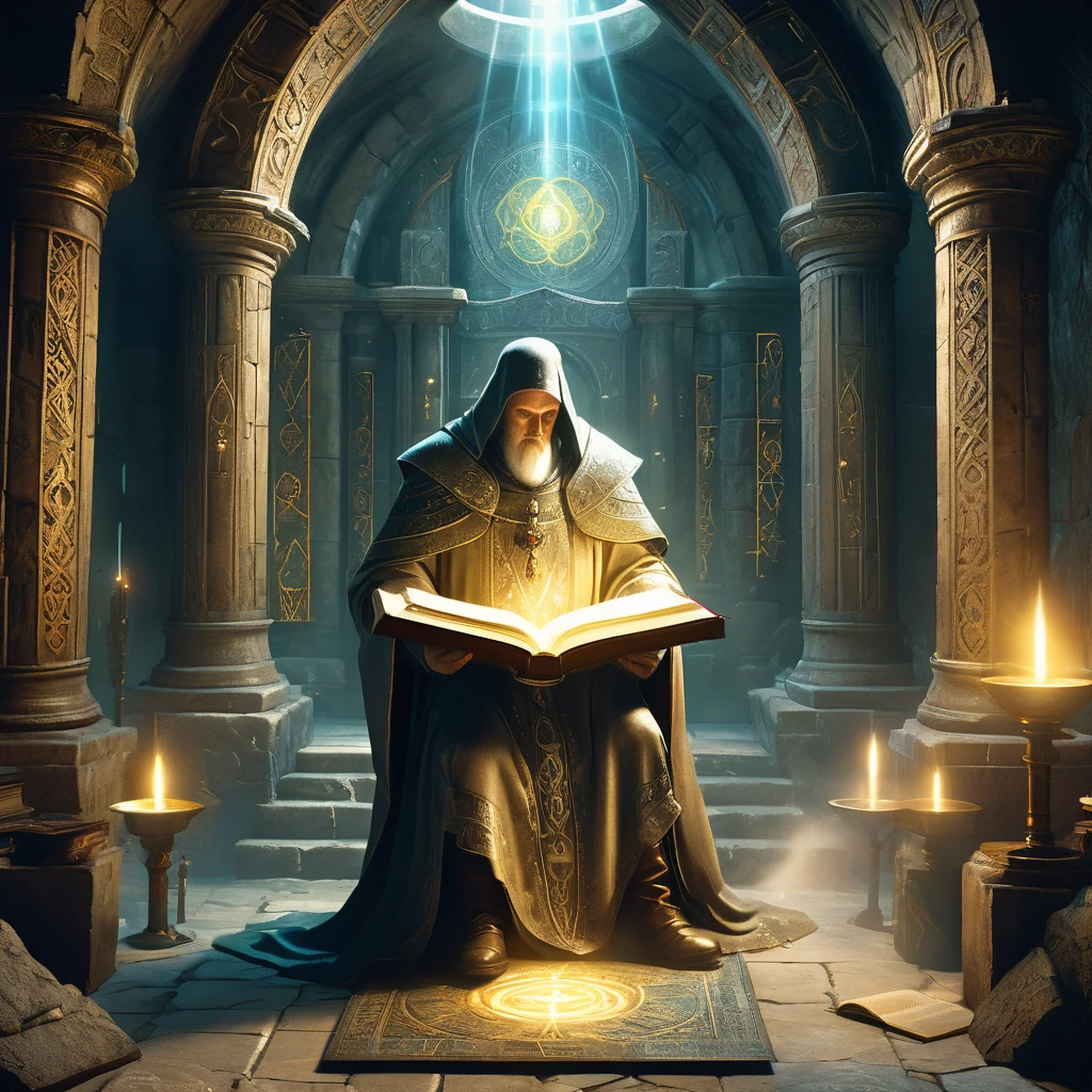 Envision a medieval fantasy scene where a priest stands alone in a dimly lit, empty stone chamber. The priest, robed in flowing, ceremonial garments adorned with sacred symbols, holds an ancient, enchanted book. The book, bound in worn leather and inlaid with precious gems, emits a soft, otherworldly glow. As the priest opens the book, golden light spills forth, illuminating the room with arcane runes and mystical symbols that float in the air. The stone walls of the chamber are etched with faded inscriptions and ancient murals depicting divine battles and celestial beings. The air is thick with the scent of incense and the hum of latent magic. Capture the reverence and mysticism of this moment, where the priest communes with the divine through the enchanted book, seeking wisdom and power in the quiet solitude of the medieval fantasy world.