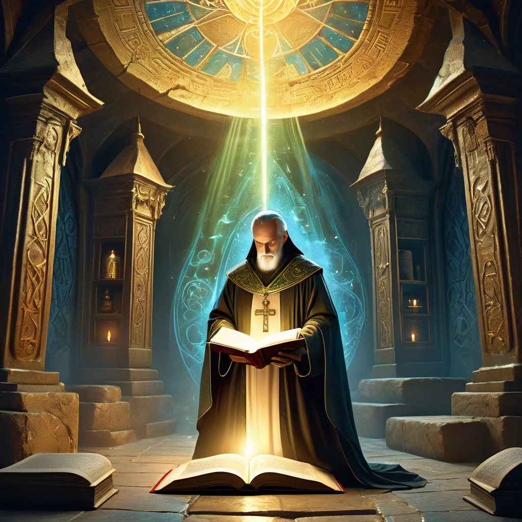Envision a medieval fantasy scene where a priest stands alone in a dimly lit, empty stone chamber. The priest, robed in flowing, ceremonial garments adorned with sacred symbols, holds an ancient, enchanted book. The book, bound in worn leather and inlaid with precious gems, emits a soft, otherworldly glow. As the priest opens the book, golden light spills forth, illuminating the room with arcane runes and mystical symbols that float in the air. The stone walls of the chamber are etched with faded inscriptions and ancient murals depicting divine battles and celestial beings. The air is thick with the scent of incense and the hum of latent magic. Capture the reverence and mysticism of this moment, where the priest communes with the divine through the enchanted book, seeking wisdom and power in the quiet solitude of the medieval fantasy world.
