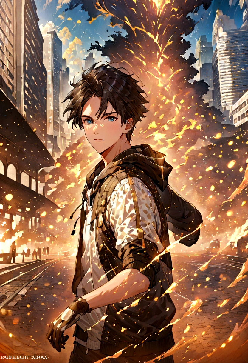 A 20 year old boy, black hair, golden sparks aura, dressed casually in white zip-up sports hoodie and gloves, on the background of an advanced city