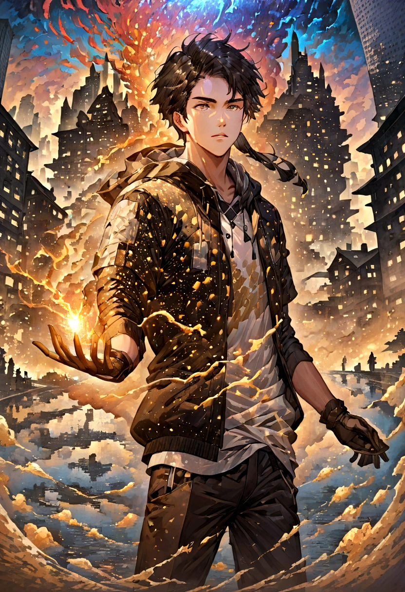 A 20 year old boy, black hair, golden sparks aura, dressed casually in white zip-up sports hoodie and gloves, on the background of an advanced city