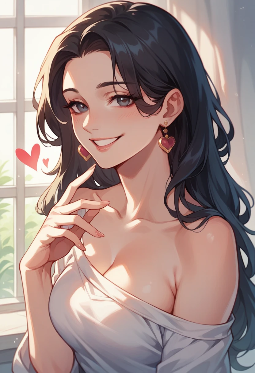 masterpiece, Superior Quality, Super detailed, 8k rendering by CG Unity, A woman looking straight at the observer, Summer Courses, Seductive and happy look, In the heart of Paris, smile, Long black hair and cowboy style.