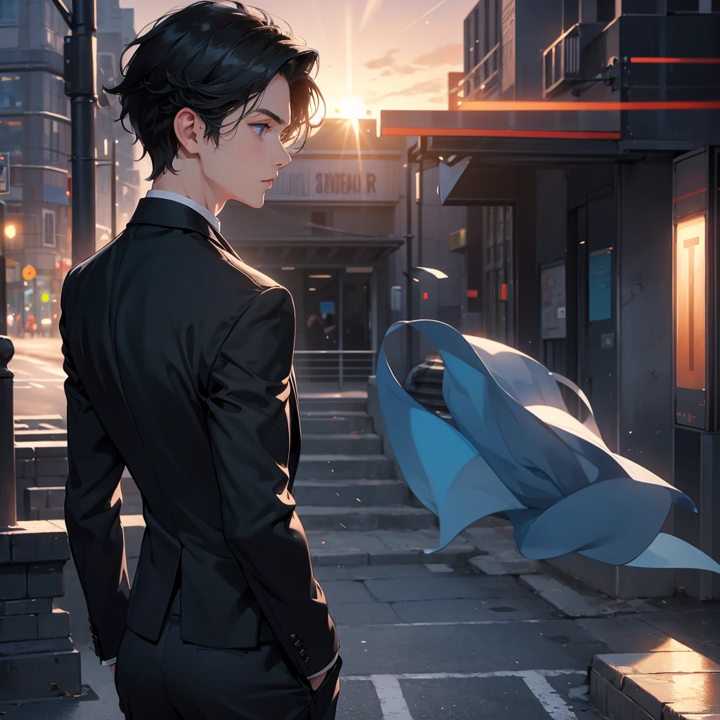 1boy, short black hair, light blue eyes, wearing all black suits, street, sunset, high res, ultrasharp, 8k, masterpiece, looking at viewer from behind