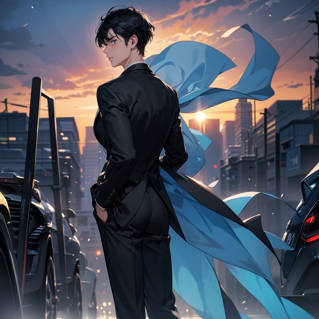 1boy, short black hair, light blue eyes, wearing all black suits, street, sunset, high res, ultrasharp, 8k, masterpiece, looking at viewer from behind