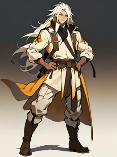 (masterpiece, best quality),1male with long white hair ,yellow pupils , Desert clothing , Full body ,boots ,
