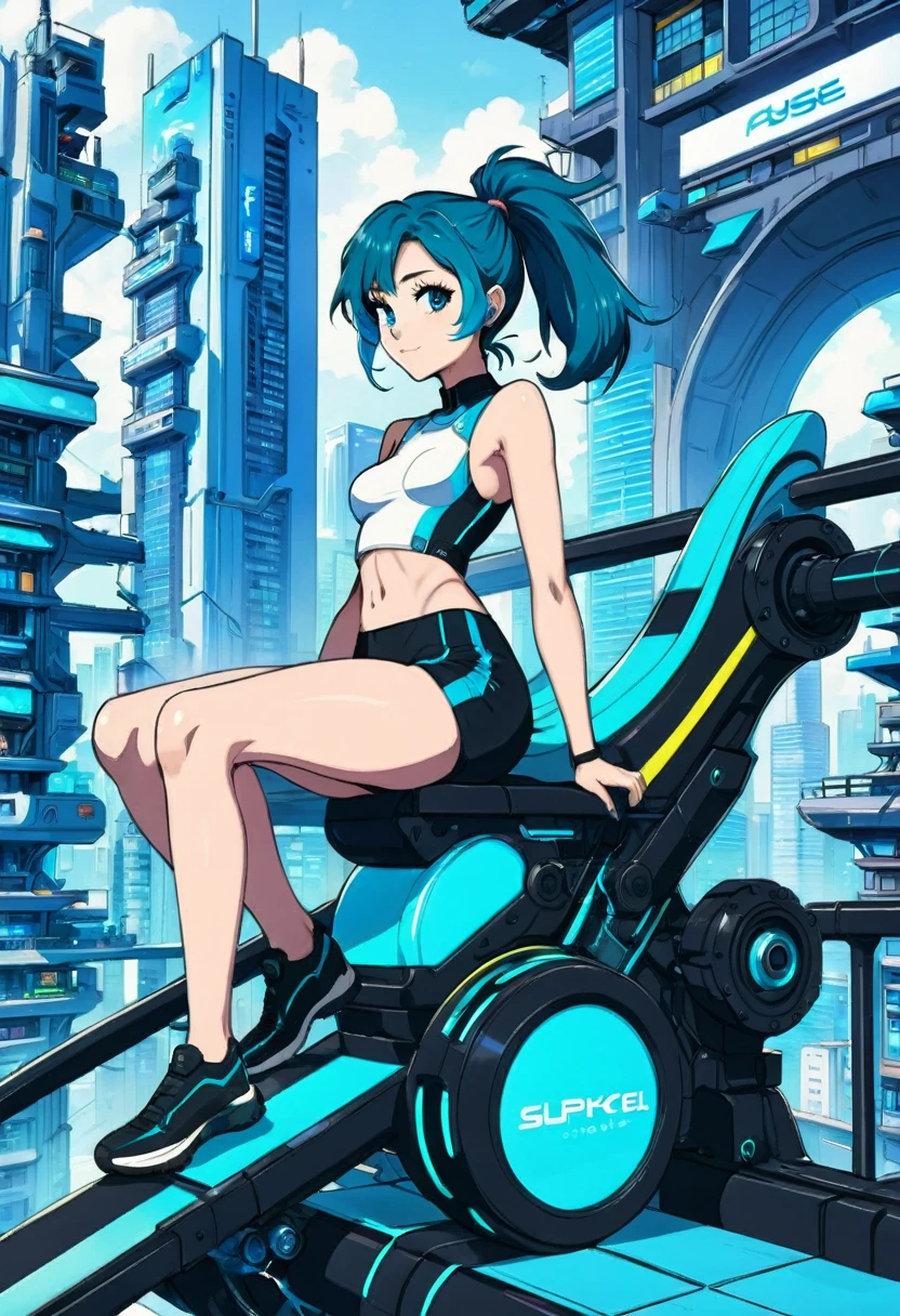 a girl sitting on top of bicycle, dolphin shorts, blue hair, ponytail, A complex machinery structure in a futuristic city
