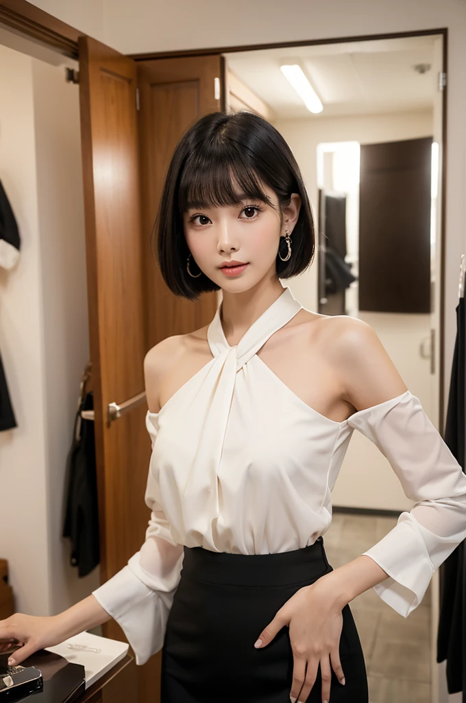 Suit, backstage at studio, talent agency manager,((full body)),((photo)),((best qualtiy, 8K, tmasterpiece:1.3)), Focus:1.2, perfect figure beautiful girl:1.4,1girl,cowboy shot,look at viewer,incredibly absurd, beautiful and cute girl with a photorealistic face, showcasing top-quality craftsmanship, Japanese woman standing in the dressing room for a commercial shoot, 20 years old, shoulder-length bob cut, thick, straight black hair with bangs, shiny black hair, large eyes, round face, long eyelashes, soft smile, thin eyebrows, small nose, glossy lips, smooth skin, fair skin, fine-grained skin, tall, slender figure, well-balanced proportions, delicate limbs, small B-cup breasts, white blouse, black tight skirt, heeled pumps, watch, earrings, pretty older woman, beautiful, neat, fashionable, cheerful, positive, curious, sociable, responsible, highly trusted by those around her, October