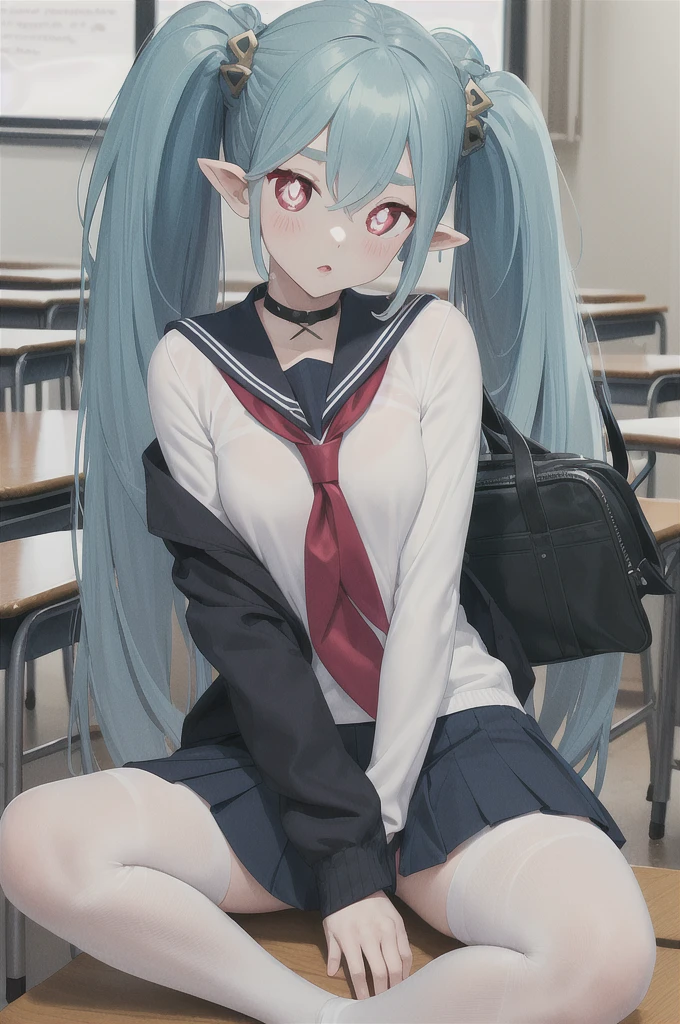 (1girl: 1.2), (classroom: 1.2), (school_uniform: 1.2), (long_hair: 1.2), (school_bag: 1.1), (bag: 1.1), (twintails: 1.1), (sailor_collar), (serafuku), (chalkboard), looking_at_viewer, indoors, shirt, chair, neckerchief, long_sleeves, red_neckerchief, low_twintails, off_shoulder, window, white_legwear, white_shirt, black_sailor_collar, blue_sailor_collar, , pantyhoangs, sitting, jacket, blush, open_clothes, thighs, arm_support, open_jacket, medium_breasts, chaect), collarbone, parted_lips, very_long_hair, cardigan, day, hair_ornament, tiamat, absurdly long hair, aqua hair, , gradient hair, small breasts, pink eyes, ears, symbol-shaped pupils, (x-shaped pupils:1.5)