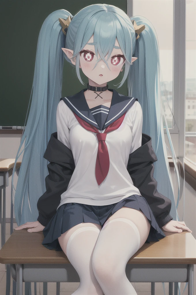 (1girl: 1.2), (classroom: 1.2), (school_uniform: 1.2), (long_hair: 1.2), (school_bag: 1.1), (bag: 1.1), (twintails: 1.1), (sailor_collar), (serafuku), (chalkboard), looking_at_viewer, indoors, shirt, chair, neckerchief, long_sleeves, red_neckerchief, low_twintails, off_shoulder, window, white_legwear, white_shirt, black_sailor_collar, blue_sailor_collar, breasts, pantyhose, bangs, sitting, jacket, blush, open_clothes, thighs, arm_support, open_jacket, medium_breasts, charm_(object), collarbone, parted_lips, very_long_hair, cardigan, day, hair_ornament, tiamat, absurdly long hair, aqua hair, , gradient hair, small breasts, pink eyes, pointy ears, symbol-shaped pupils, (x-shaped pupils:1.5)