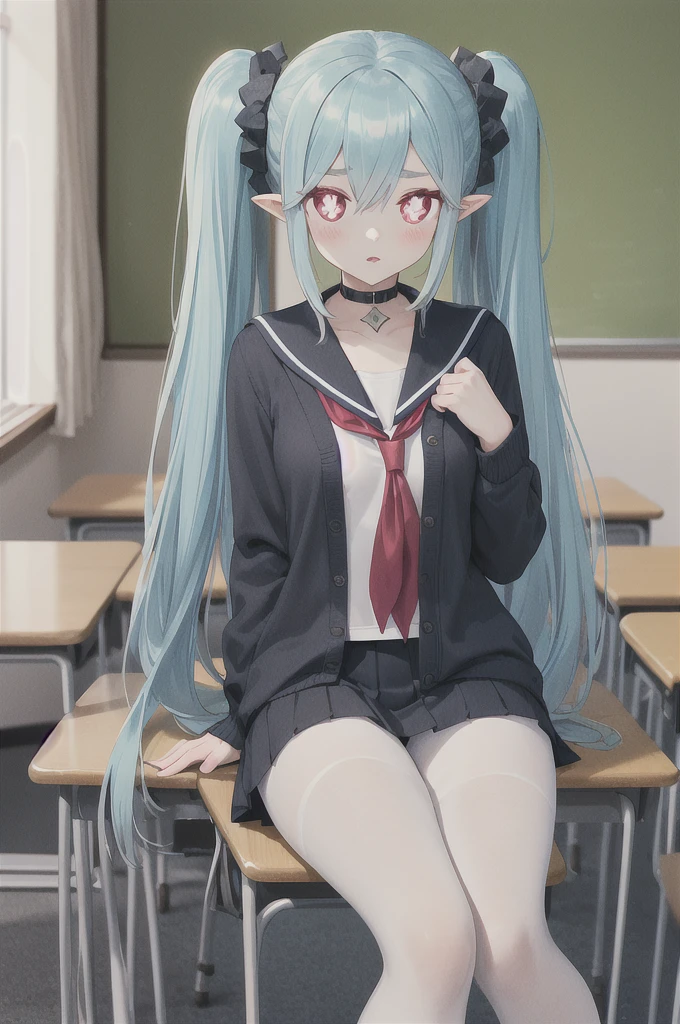 (1girl: 1.2), (classroom: 1.2), (school_uniform: 1.2), (long_hair: 1.2), (school_bag: 1.1), (bag: 1.1), (twintails: 1.1), (sailor_collar), (serafuku), (chalkboard), looking_at_viewer, indoors, shirt, chair, neckerchief, long_sleeves, red_neckerchief, low_twintails, off_shoulder, window, white_legwear, white_shirt, black_sailor_collar, blue_sailor_collar, breasts, pantyhose, bangs, sitting, jacket, blush, open_clothes, thighs, arm_support, open_jacket, medium_breasts, charm_(object), collarbone, parted_lips, very_long_hair, cardigan, day, hair_ornament, tiamat, absurdly long hair, aqua hair, , gradient hair, small breasts, pink eyes, pointy ears, symbol-shaped pupils, (x-shaped pupils:1.5)